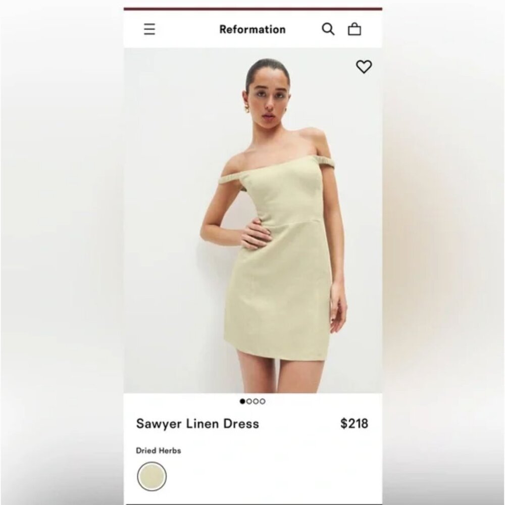 Reformation Dress Sawyer Linen Off-Shoulder Mini Green Dried Herbs